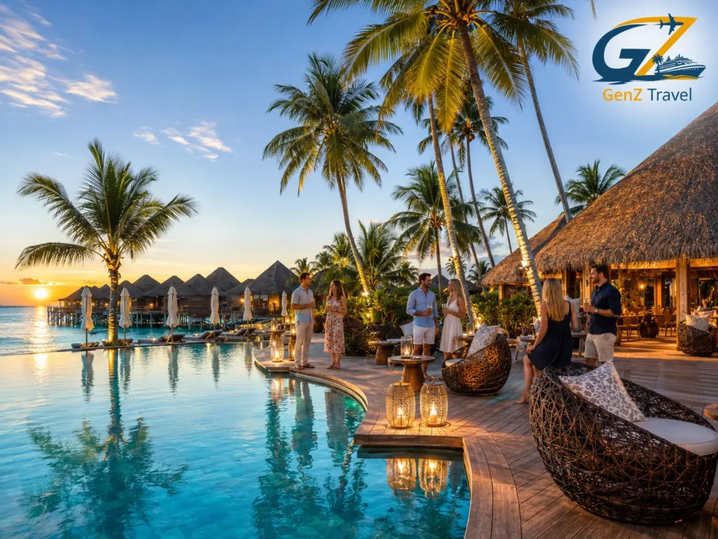UK travellers enjoying a luxury Maldives resort with crystal-clear pool water, palm trees, overwater villas and GenZ Travel logo.