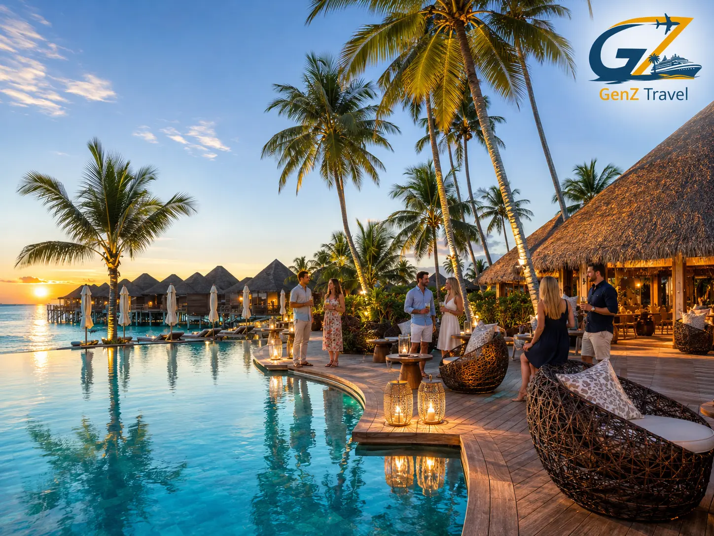UK travellers enjoying a luxury Maldives resort with crystal-clear pool water, palm trees, overwater villas and GenZ Travel logo.