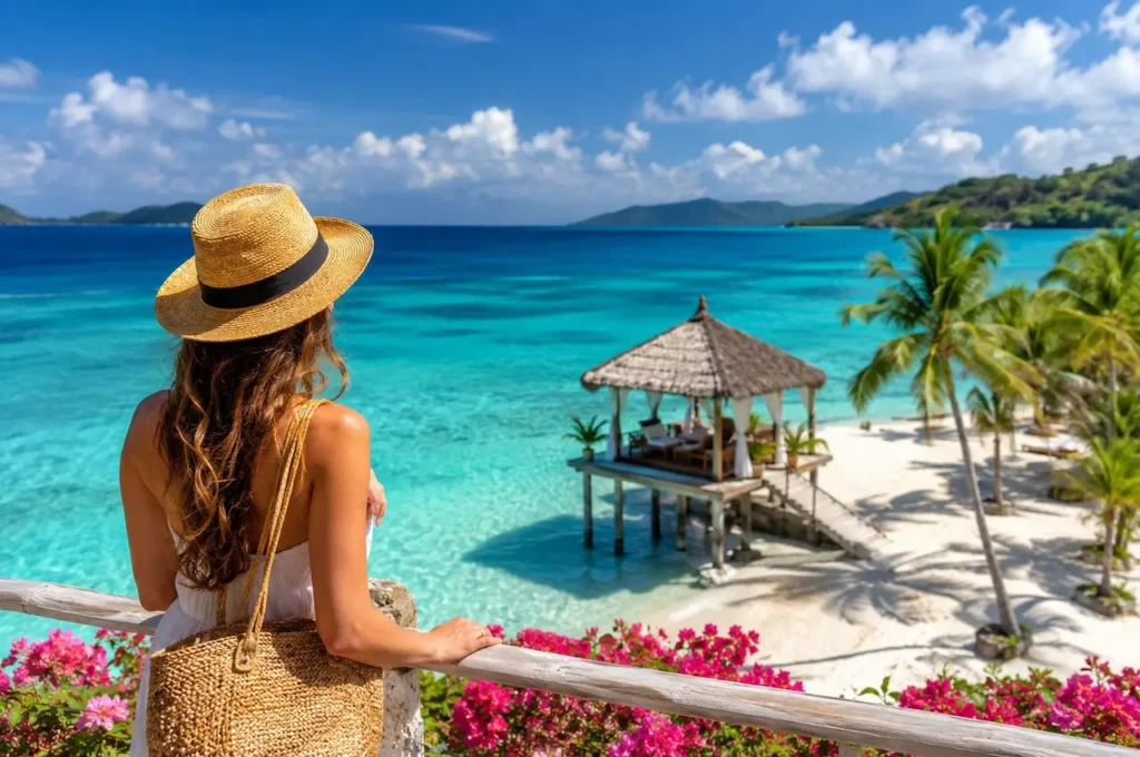 UK woman traveller overlooking a tropical Caribbean beach with turquoise sea and palm trees during the dry season.