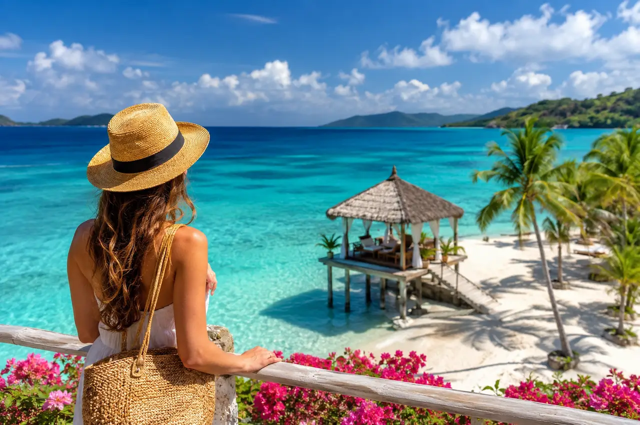 UK woman traveller overlooking a tropical Caribbean beach with turquoise sea and palm trees during the dry season.