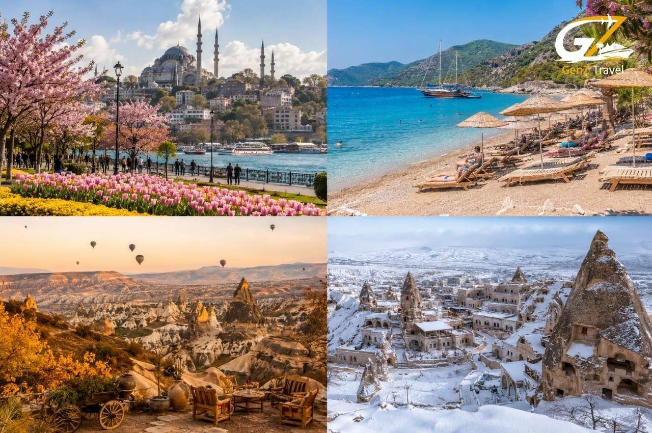 Best time to visit Turkey is shown through spring in Istanbul, summer beaches, autumn Cappadocia and snowy winter scenery.