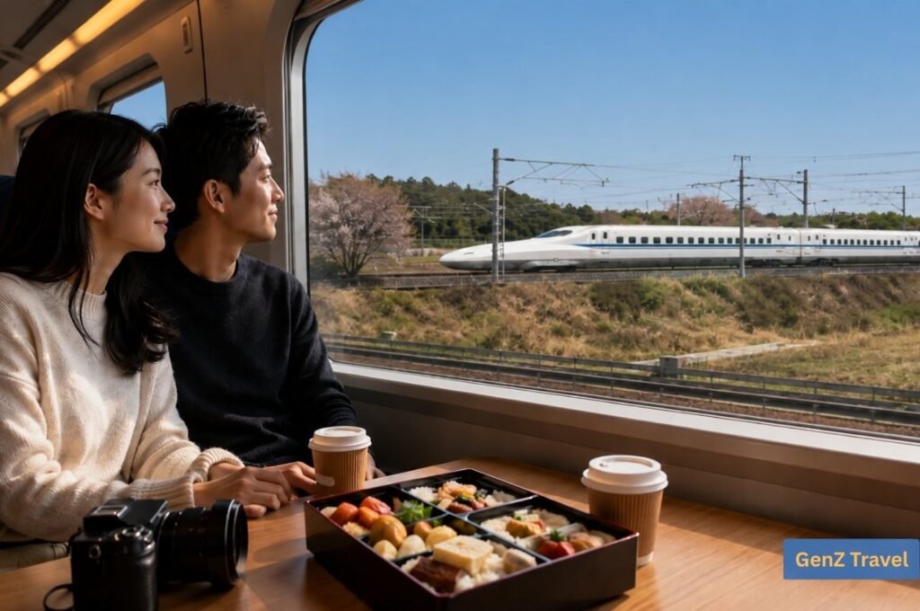 Couple riding the bullet train in Japan with bento boxes during a romantic honeymoon trip