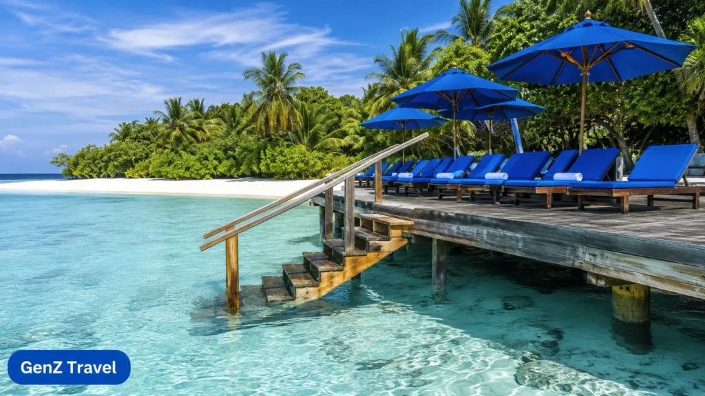 Canareef Resort Maldives overwater sundeck with loungers in Addu Atoll