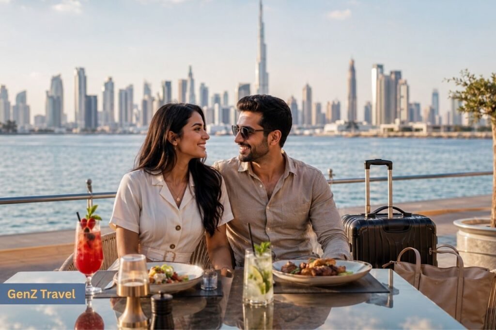 Couple enjoying a Dubai holiday with luggage and the city skyline behind them