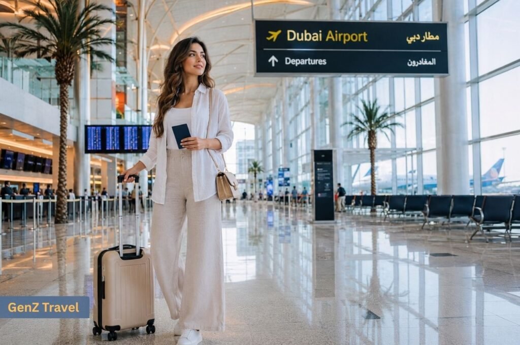 Female UK traveller with passport and suitcase inside Dubai International Airport