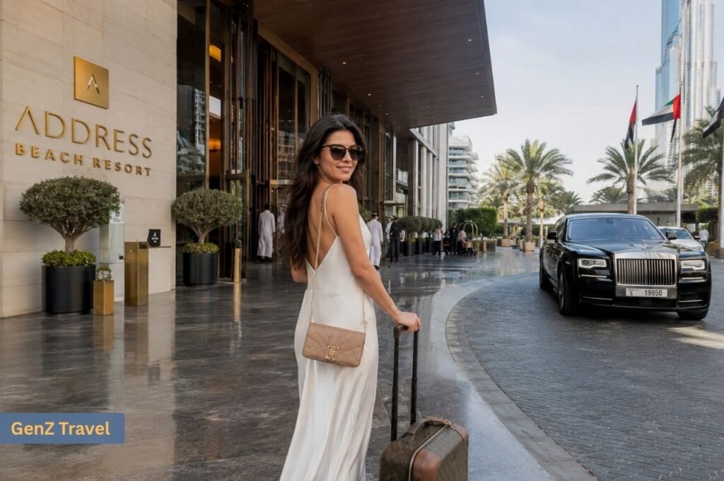 Female traveller arriving with luggage at a luxury Dubai beach hotel