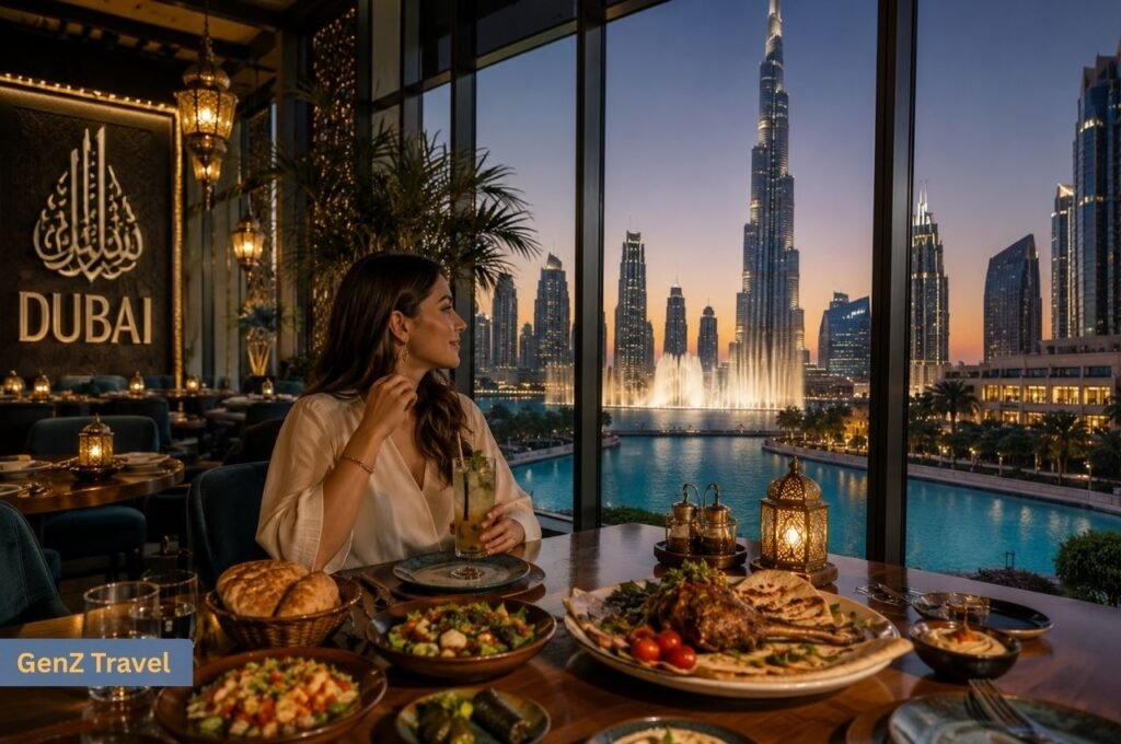 Female traveller enjoying Middle Eastern food at a Dubai restaurant overlooking Burj Khalifa