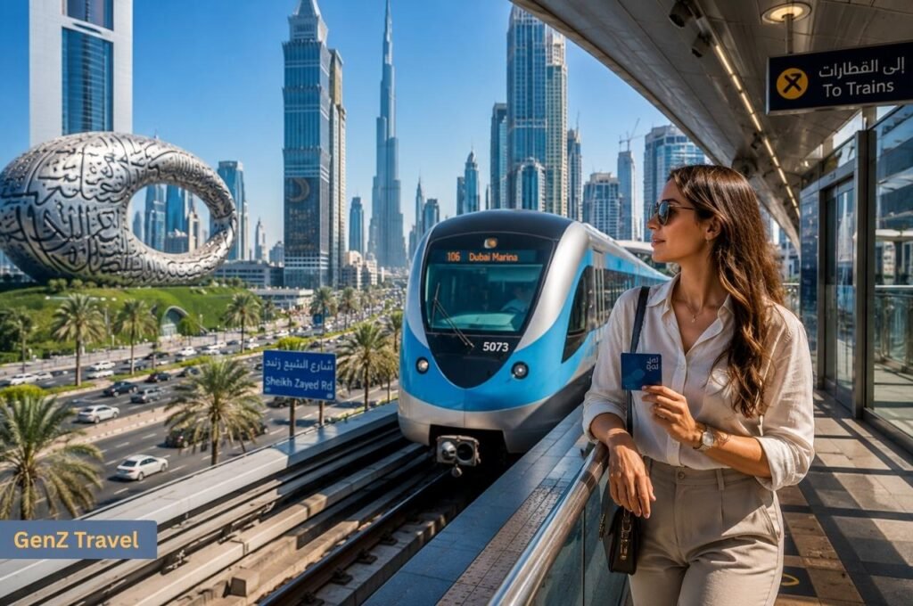 Female tourist holding a Nol card beside the Dubai Metro with the city skyline behind