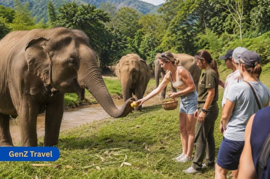 Things to do in Phuket at an ethical elephant sanctuary with tourists feeding elephants in a jungle setting