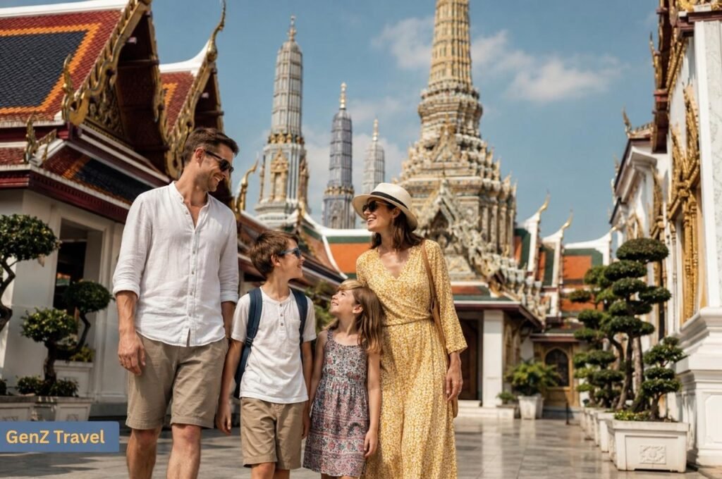 Family exploring an ornate Thai temple during a holiday in Thailand