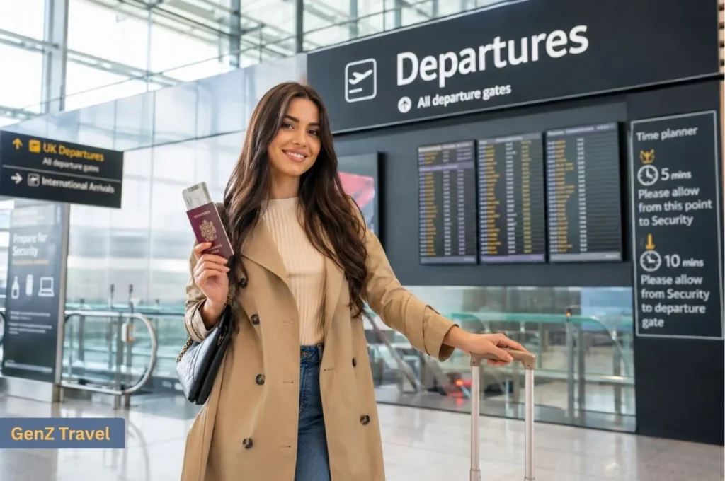 Female UK traveller holding a passport and boarding pass inside an airport departures terminal