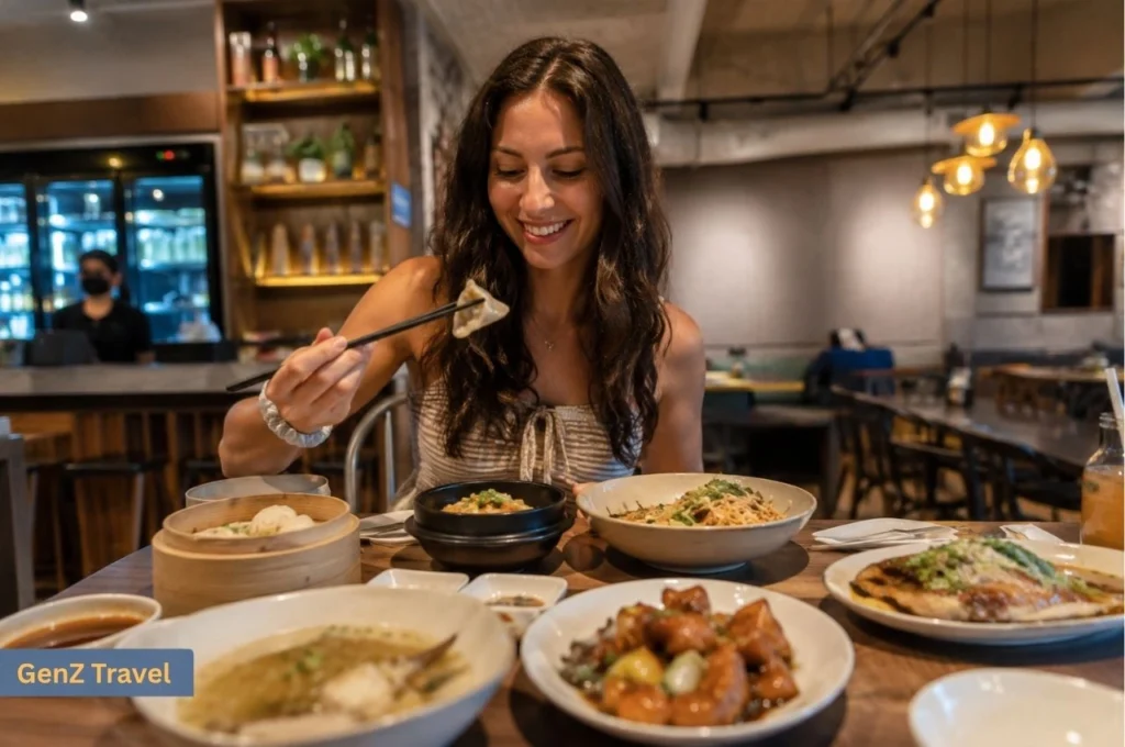Female traveller enjoying traditional Singapore food and drinks inside a modern local restaurant