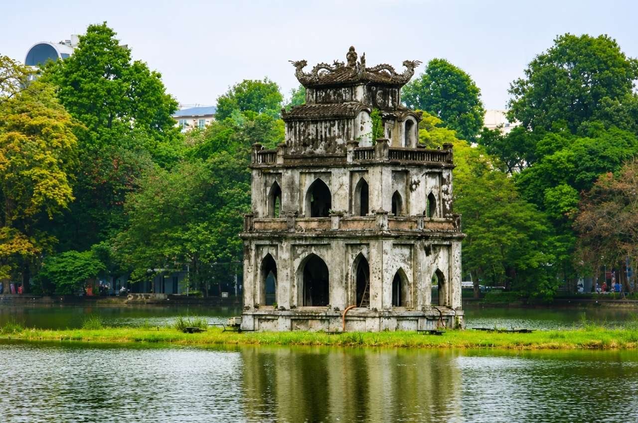 Hoan Kiem Lake and Turtle Tower in Hanoi Vietnam scenic landmark tour