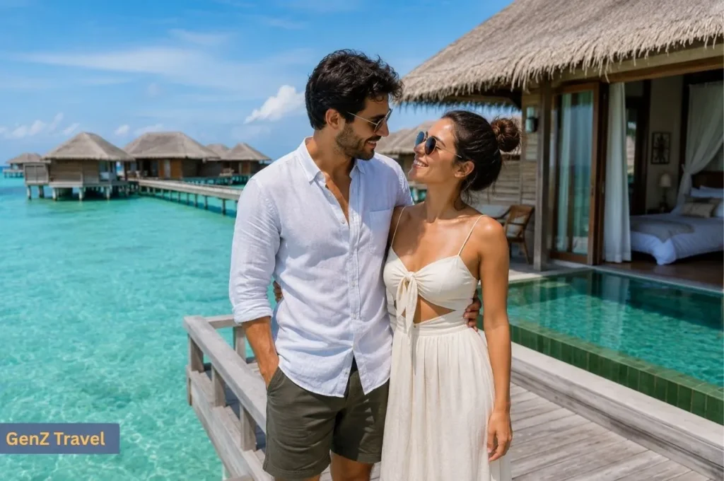 Couple enjoying a romantic stay outside a private overwater villa with a swimming pool in the Maldives.