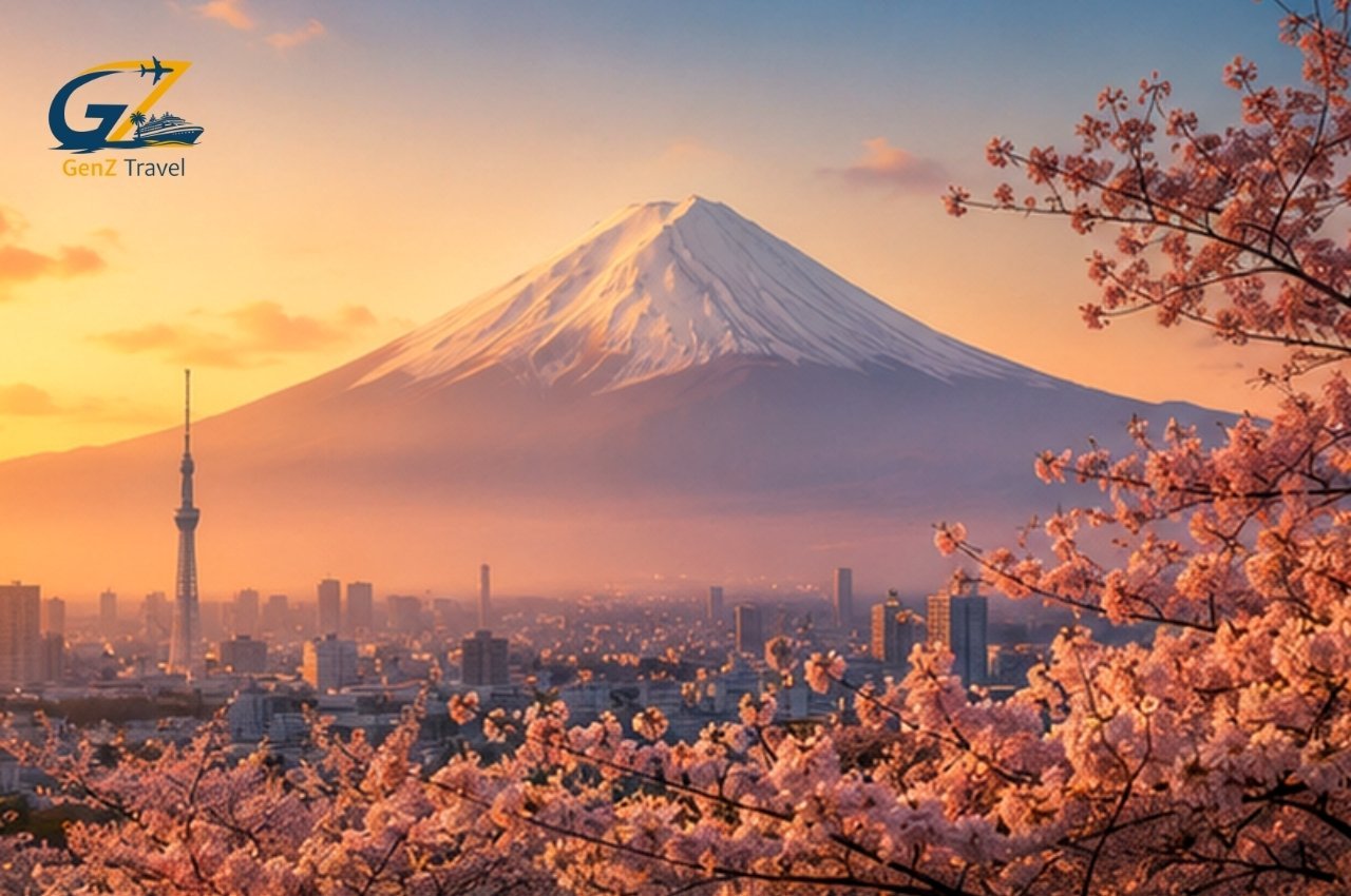 Japan holidays with Mount Fuji, Tokyo skyline and cherry blossom scenery for UK travellers planning a Japan trip.