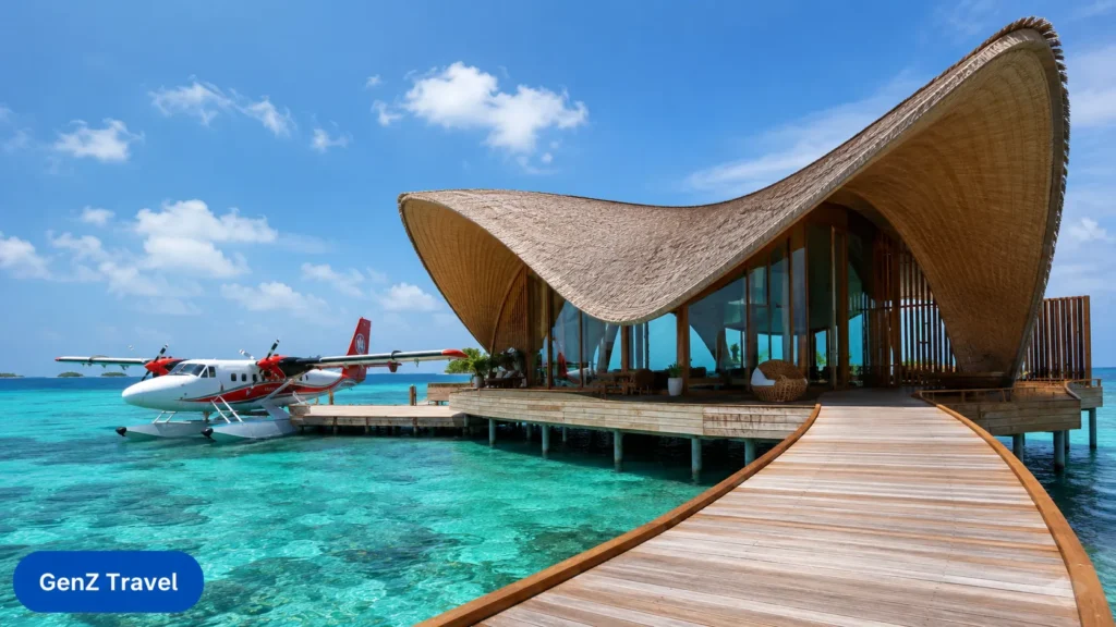 Joali Maldives seaplane docked beside the overwater arrival lounge