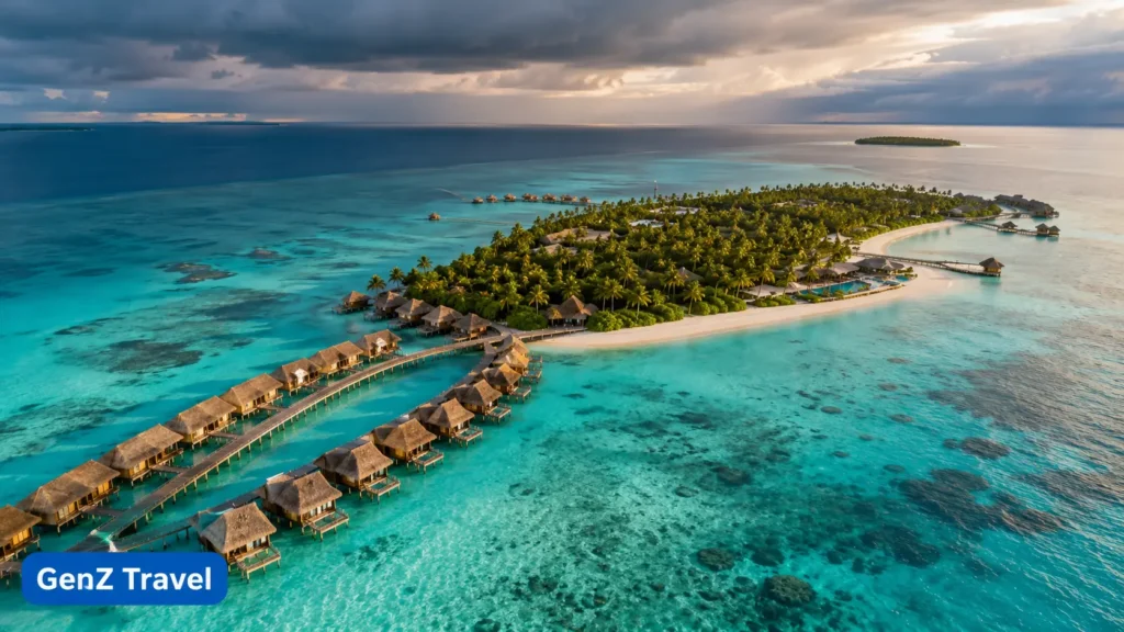 Aerial view of Kuramathi Maldives overwater villas along a turquoise lagoon