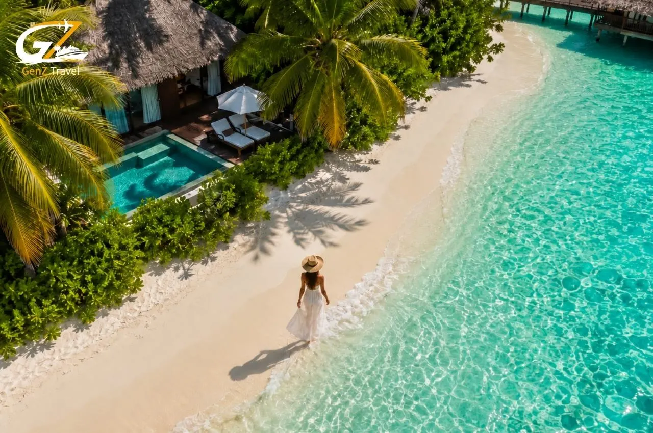 Aerial view of a woman walking along a white-sand Maldives beach beside turquoise water and a private pool villa.