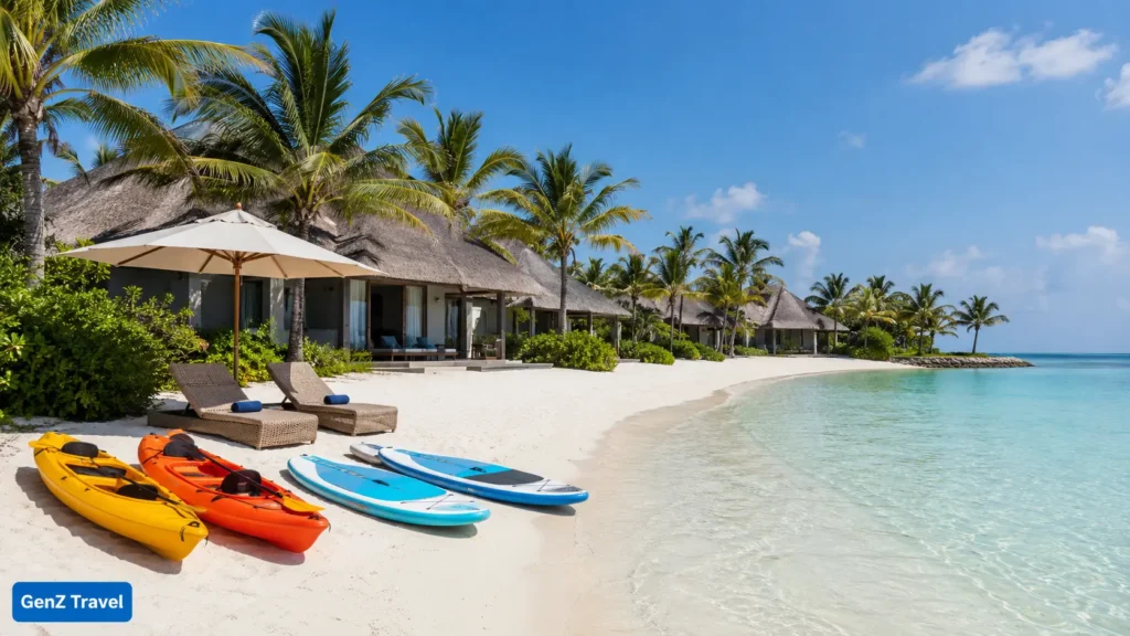 Family-friendly Maldives beach villa with a shallow lagoon and kayaks