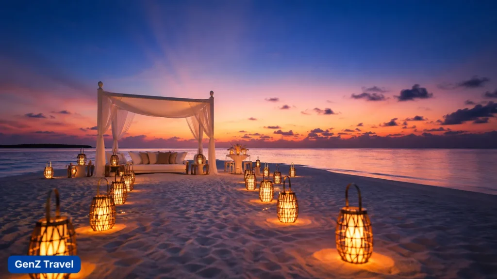 Romantic sandbank dinner setup at sunset for a Maldives honeymoon.