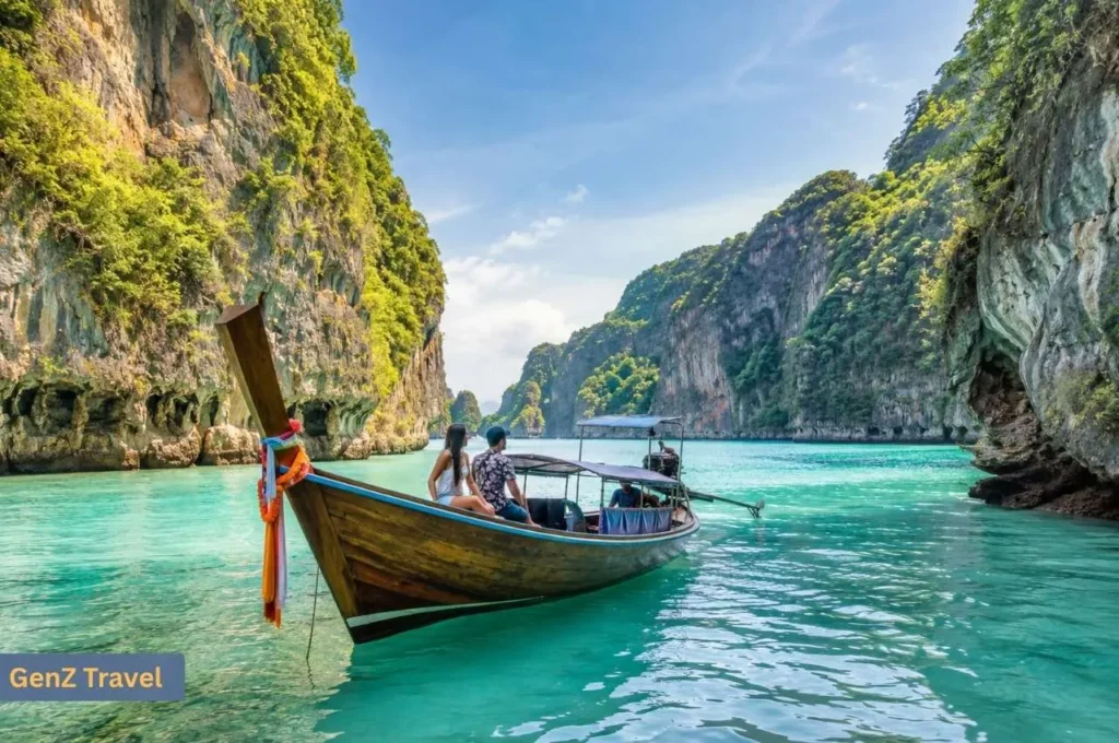 Couple travelling by traditional long-tail boat through turquoise water and limestone cliffs near Maya Bay