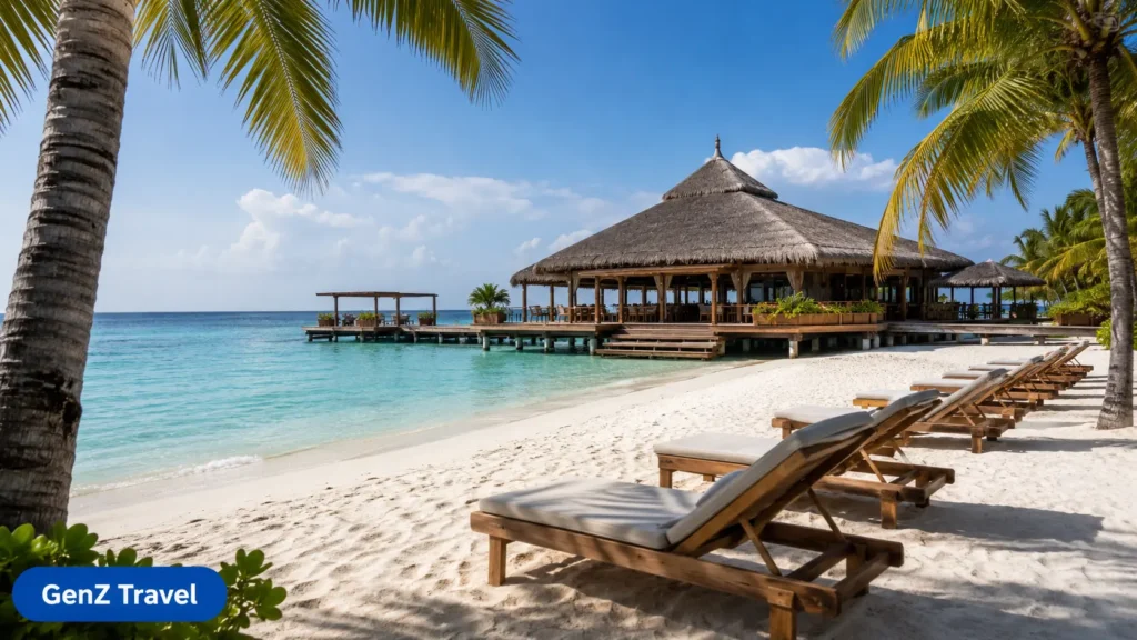 Medhufushi Island Resort Maldives beachfront restaurant and sun loungers