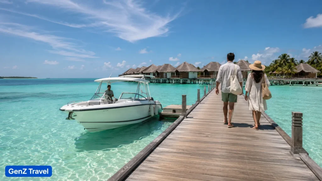 Speedboat transfer arriving at a Maldives resort jetty for first-time visitors