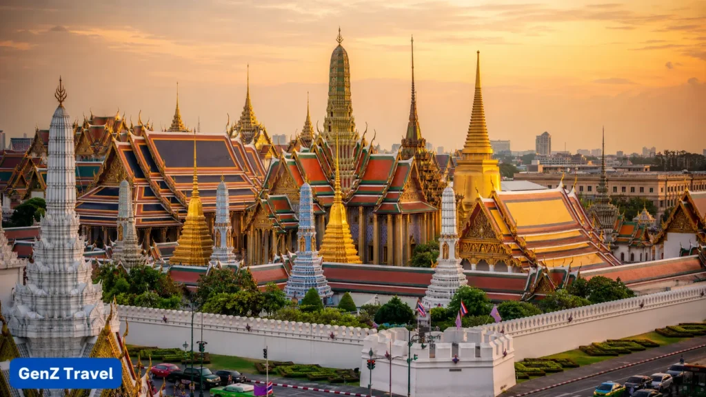 Aerial view of the Grand Palace and its gilded spires in Bangkok's Old Town at dusk