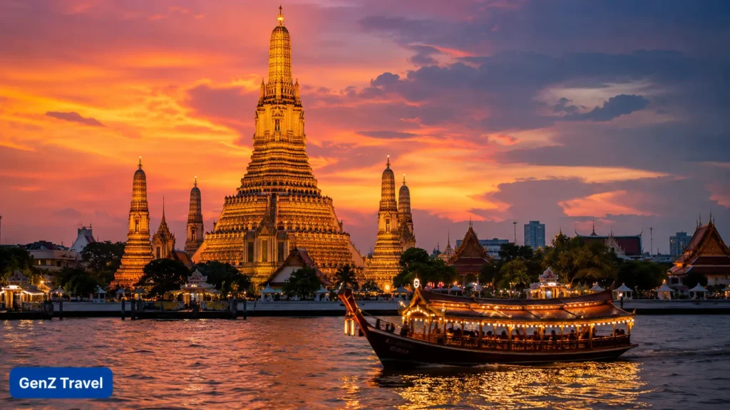 Wat Arun temple lit up at sunset on the Chao Phraya River in Bangkok's Riverside area