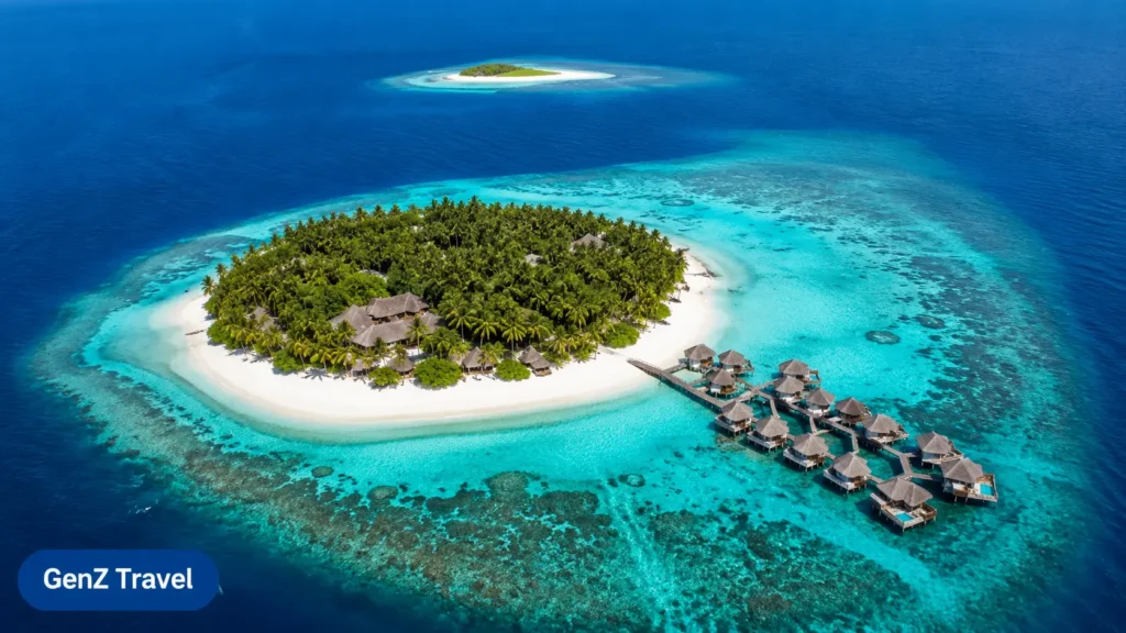 Outrigger Maldives Maafushivaru overwater villas surrounded by a coral reef