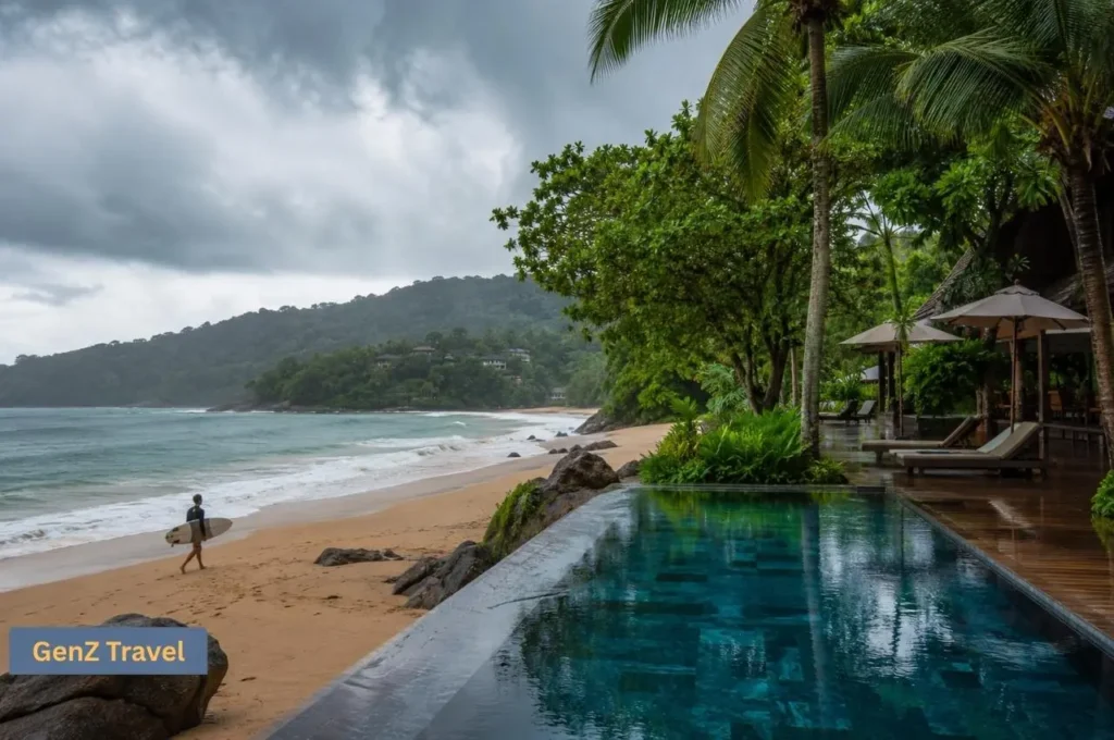 Quiet beachfront resort and surfer during Phuket’s rainy season with cloudy skies and lush scenery