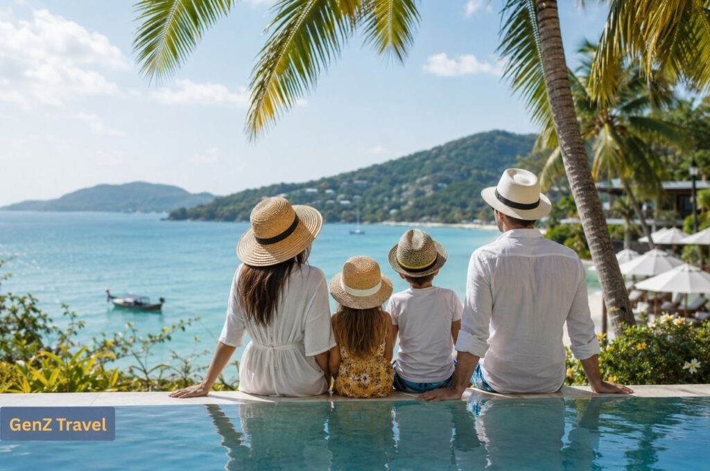 Family overlooking a calm tropical bay from a beachfront resort in Phuket