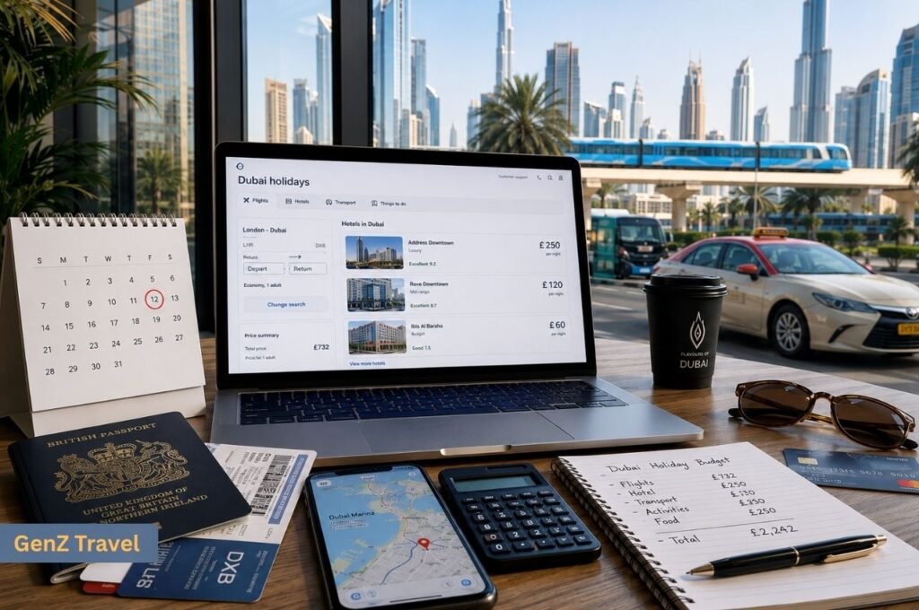 Dubai holiday planning desk with laptop, UK passport, calculator, travel budget and Dubai skyline