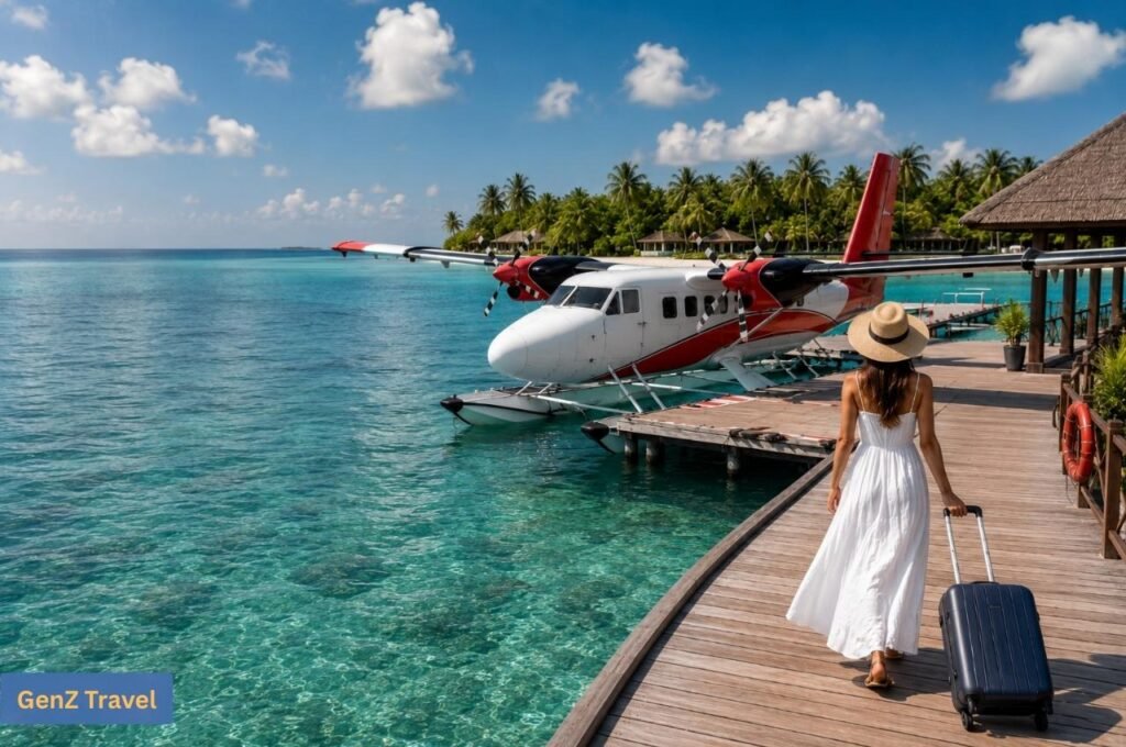 UK traveller pulling a suitcase along a Maldives jetty towards a seaplane for an island resort transfer.