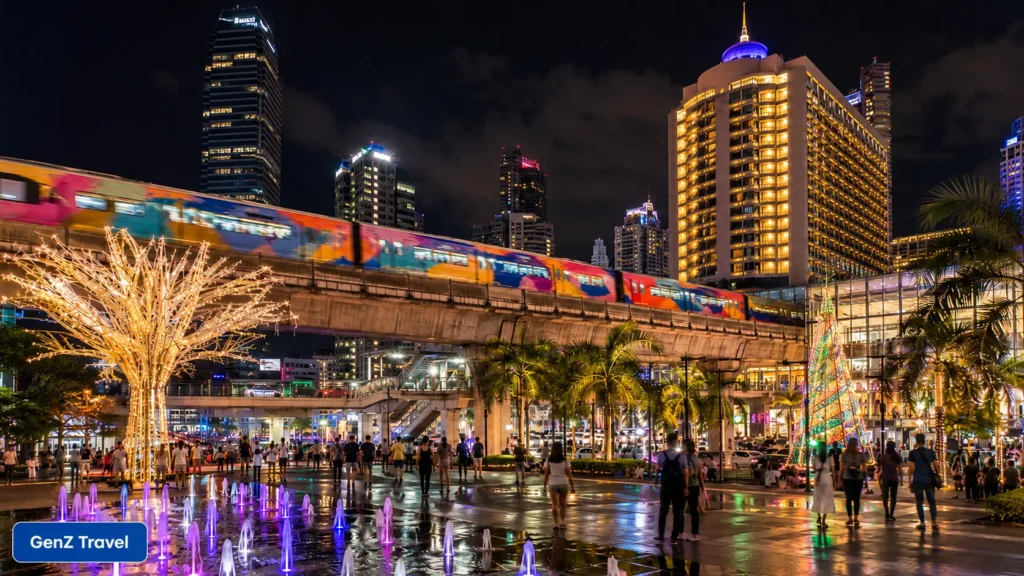 Siam shopping district in Bangkok at night with the BTS Skytrain passing overhead