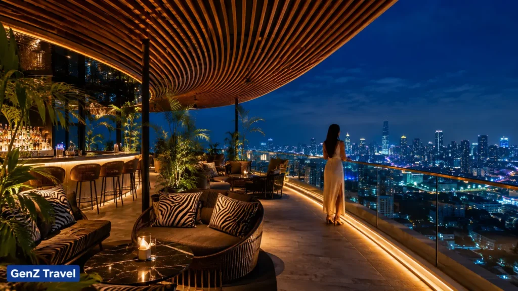 Rooftop bar terrace in Silom and Sathorn with Bangkok skyline views at night