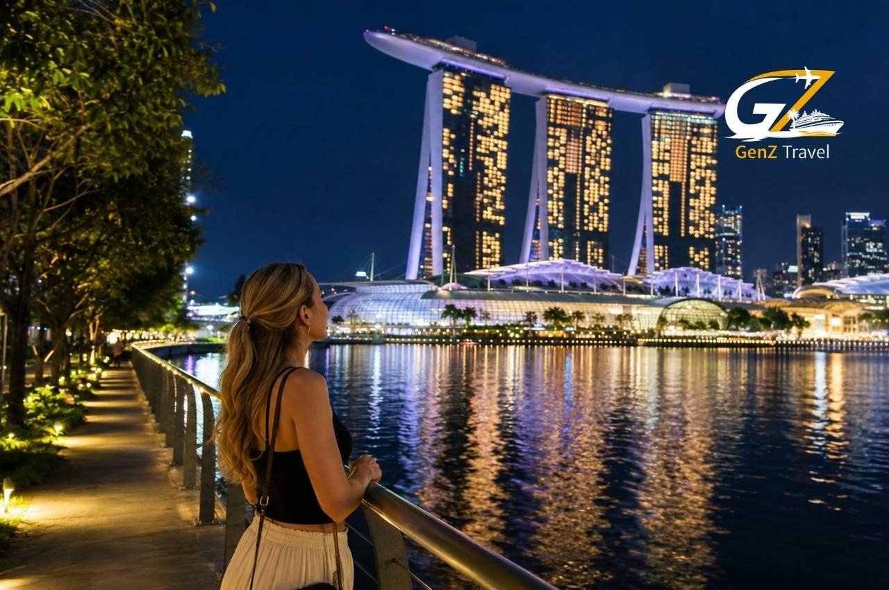 UK traveller enjoying the Marina Bay waterfront night view in Singapore