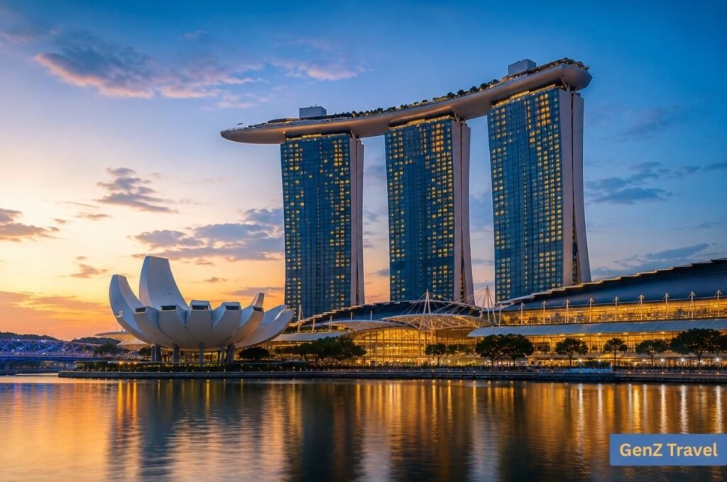Marina Bay Sands and ArtScience Museum at sunset with reflections across Marina Bay