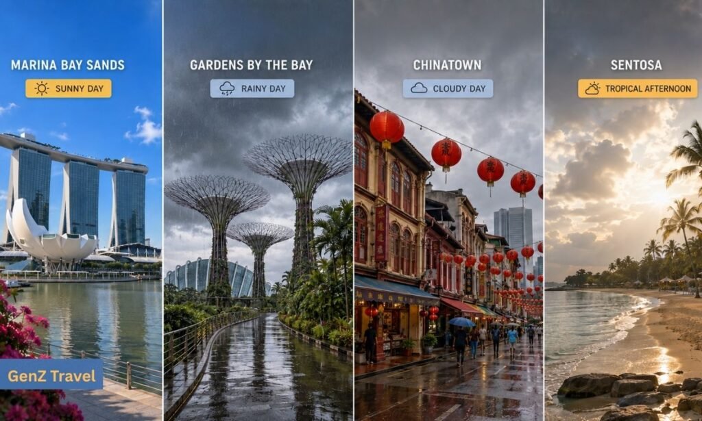 Singapore weather comparison showing Marina Bay Sands, Gardens by the Bay, Chinatown and Sentosa in different conditions