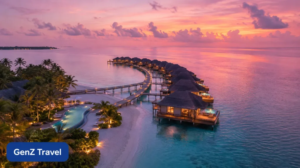 The Nautilus Maldives overwater villas glowing at sunset