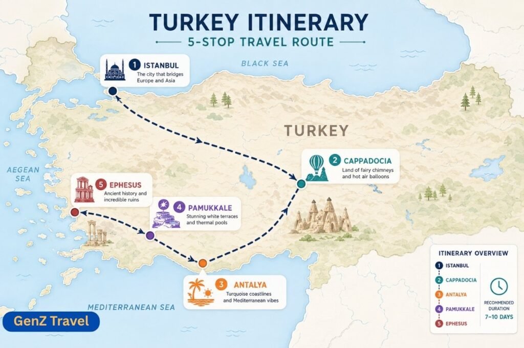 Turkey itinerary map showing Istanbul, Cappadocia, Antalya, Pamukkale and Ephesus for UK travellers