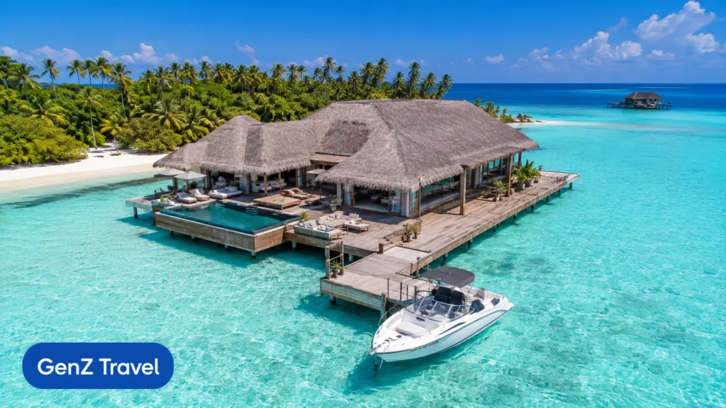 Velaa Private Island Maldives overwater clubhouse with docked speedboat