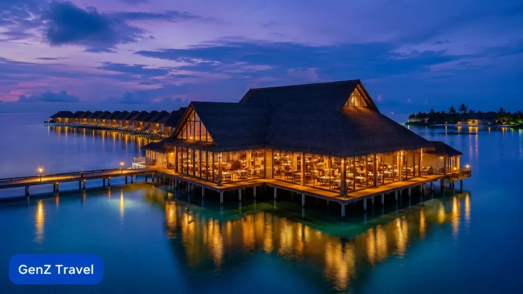 Waldorf Astoria Maldives Ithaafushi overwater restaurant lit at dusk