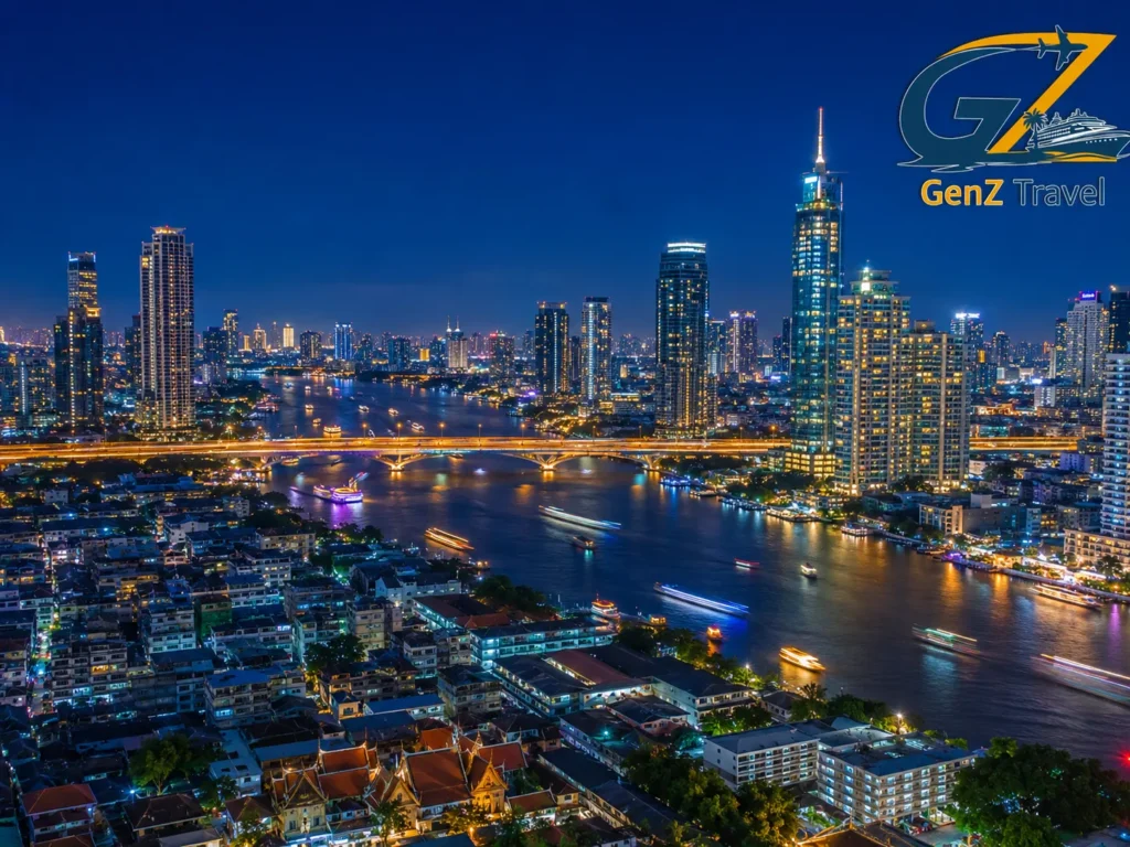Aerial night view of Bangkok skyline and Chao Phraya River lined with illuminated skyscrapers