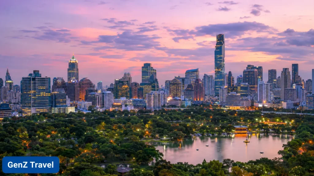 Bangkok skyline and Lumphini Park at dusk, an introduction to where to stay in Bangkok