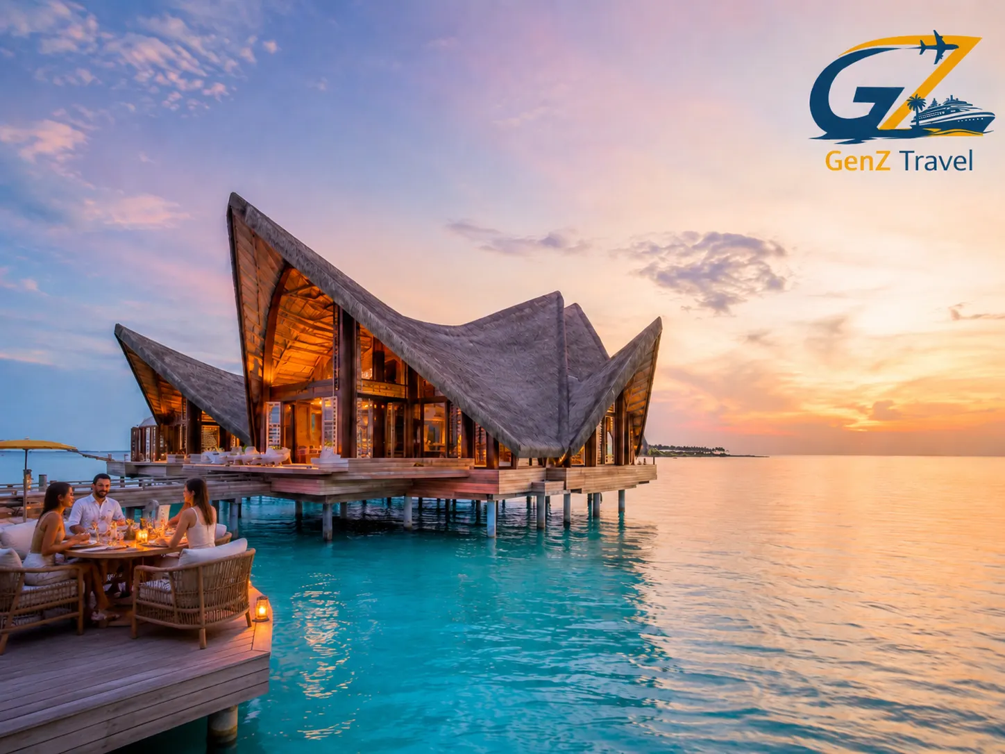 Luxury Maldives overwater resort at sunset with guests dining on a wooden deck above turquoise lagoon water.