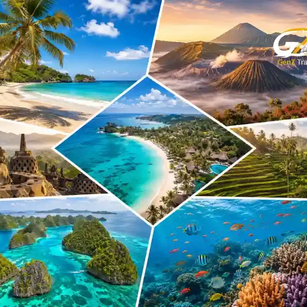 Collage of Indonesia featuring Bali beaches, Mount Bromo, Borobudur Temple, Ubud rice terraces, Raja Ampat islands and coral reefs