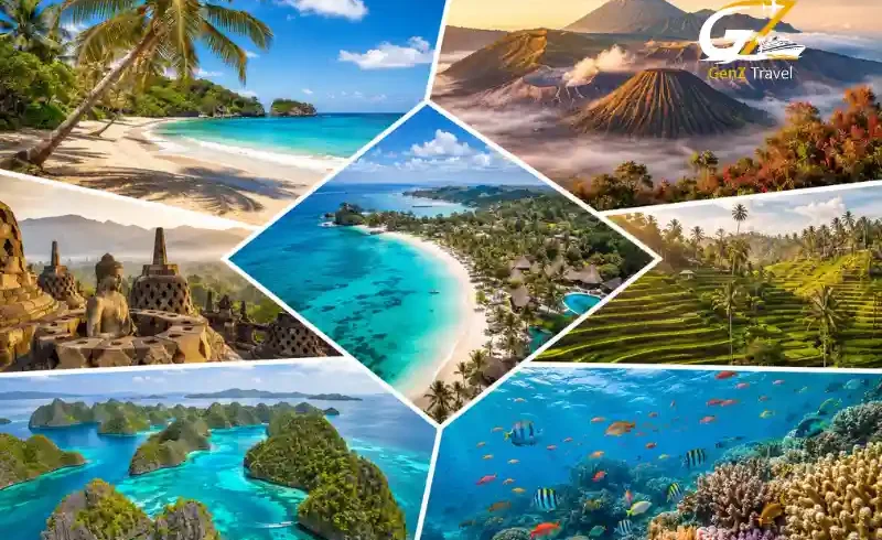 Collage of Indonesia featuring Bali beaches, Mount Bromo, Borobudur Temple, Ubud rice terraces, Raja Ampat islands and coral reefs