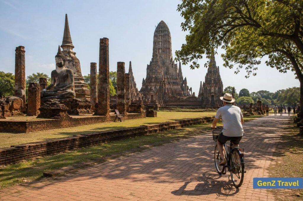 Ancient Ayutthaya temple ruins with a traveller exploring the historic city in Thailand