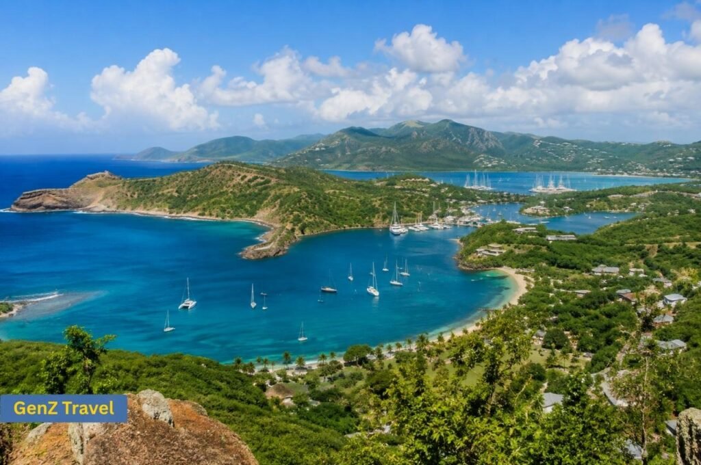 Panoramic view of Antigua coastline with turquoise bays and sailing boats